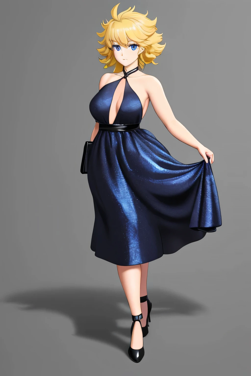 A tall, medium-sized girl with a big chest, yellow messy hair, shines long, her blue eye, wears an elegant long gray dress and is wearing shiny black shoes.