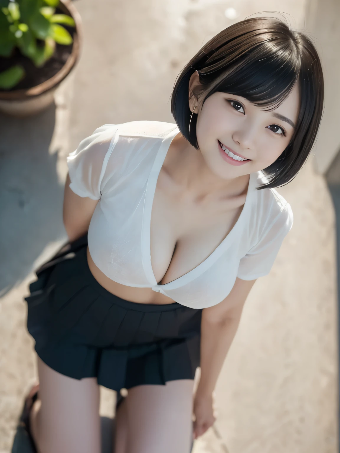 (Masterpiece, Best-quality, RAW-photo, Ultra-High-Resolution, Photorealistic, Very realistic human skin, Perfect and detailed human fingers, Sense of reality, Anatomically correct, NSFW),
(Thin waist and busty style body, Cleavage, Teat, 17-years-old, Realistic Japanese girl, short height, Angle from below),
(maiko, Round face, Black hair, Black eyes, Moist and Mellow eyes, Short bob cut, Bangs, Down-slating eyebrows, one little earring),
(looking down at viewer from above, smile, See photographer:1.2),
Natural lighting, shirt, skirt,
(angle from below, emphasize the legs:1.3)