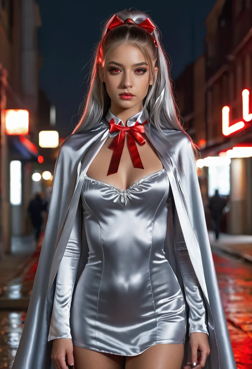 (RAW Photo) , (highly detailed:1.20) , ultra realistic :1.10) ,sexy girl in her 20s , (perfect face:1.20) , (detailed red eyes:1.20) , with long silver hair in ponytail , (((long silver satin cape tied at the neck with a ribbon :1.20))) , naked , full body, walking down street at night , high-quality ultra realistic style, detailed eyes, professional, expressive , 8K , highly detailed , professional,