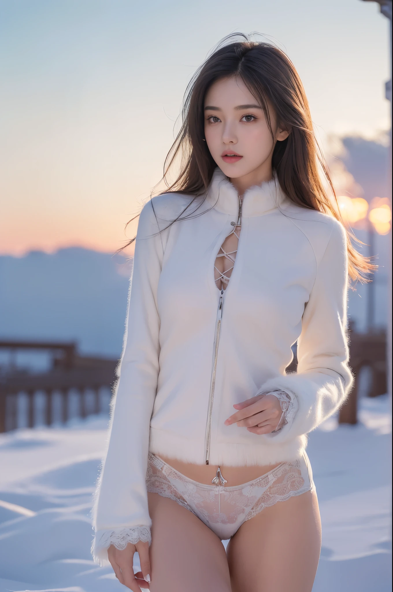 ((masterpiece, 32k,8k,wallpaper, high resolution, H,RAW photos,Lace panties)),(realistically:1.5),(light),(Detailed fingers),(High detail skin:1.beautiful eyes),1 girl,alone, Winters, Yuki, fur collar wind coat, Minkitz, lace up pantyhose,(huge snatch),twilight,Cloud,wind,hair flying,