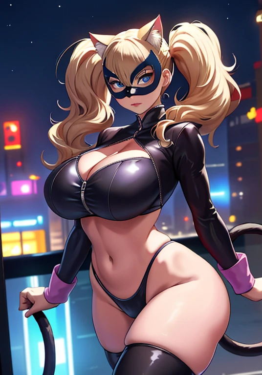 dspanther, blonde hair, long hair, twintails, swept bangs, blue eyes, black bikini, cleavage, clothing cutout, cat ears, cat tail, 1girl, solo, looking at viewer, standing, takamaki anne, masked, domino mask natural breasts, huge breasts, huge ass, huge thighs, narrow waist, wide hips, thick thighs, curvy, BREAK futuristic city, neon lights, night, rooftop, depth of field, cinematic, masterpiece, best quality, game cg