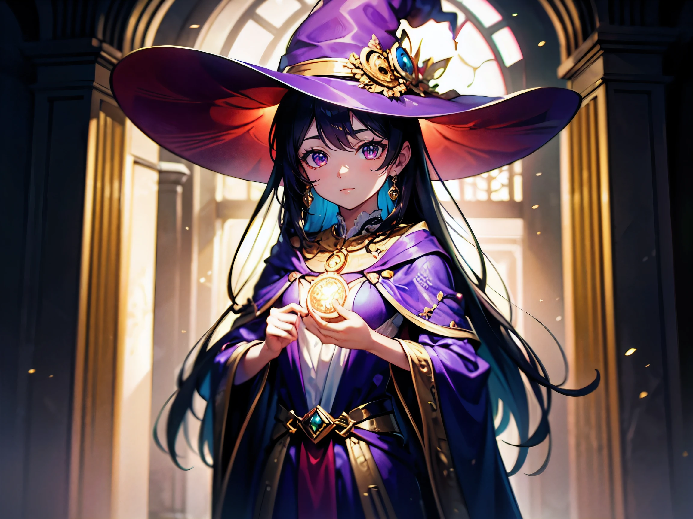 (masterpiece,best quality,ultra-detailed), CG, award winning, ccurate, UHD, textured skin, chromatic aberration, Fujicolor, 1 witch with a hat, small breast, 12 years old, young sister taste, purple long hair, red eyes, wearing a magic robe with a gold pendant, chanting magic, many magic circles, fantagy, pure cute girl, many shining pillars