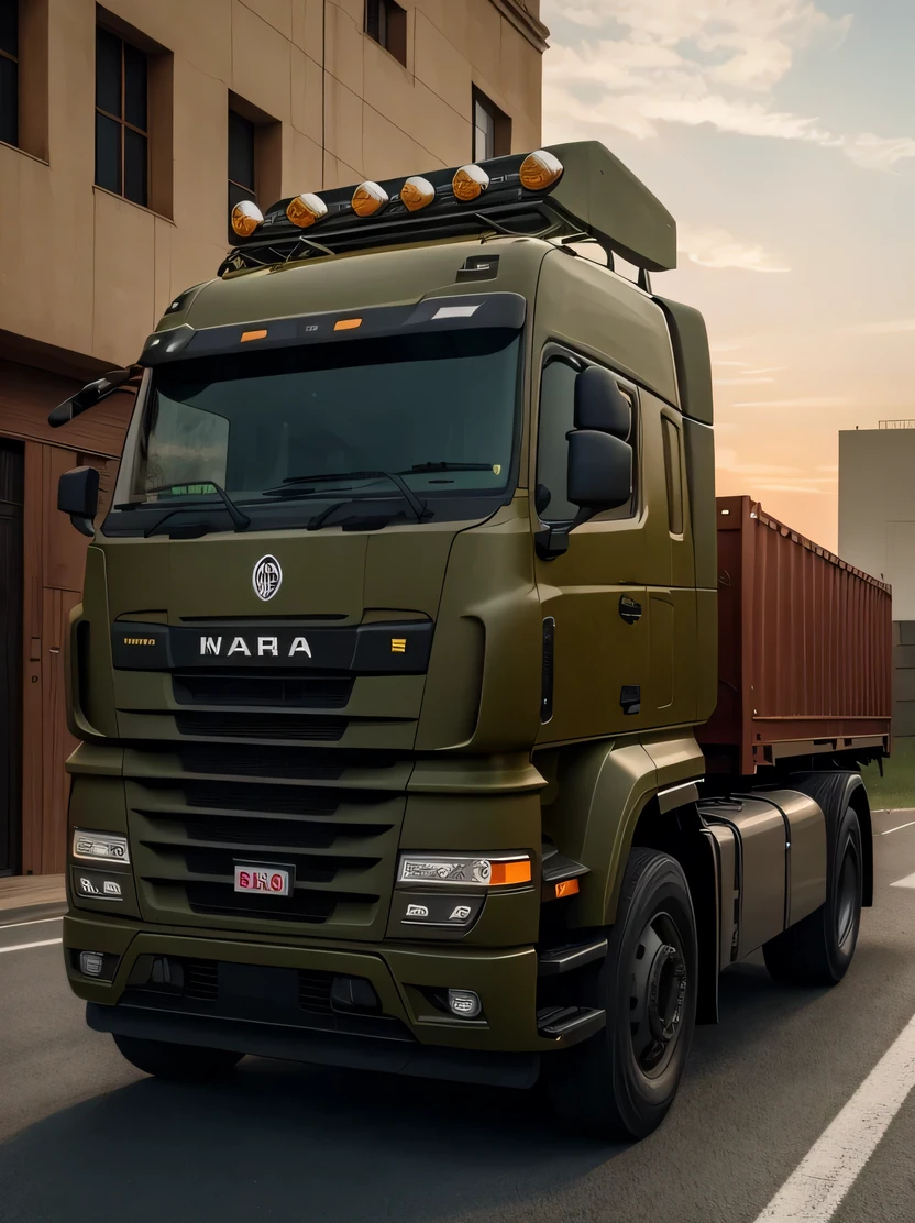 ((masterpiece、highest quality、genuine、Super detailed、High resolution、sharp focus、Live shooting、cinematic lighting))、((vehicle focus、there are no humans))、Huge truck loaded with containers、Bonnet Truck、Long body、A six-tired transport vehicle、Abandoned city at dusk、Olive drab paint、zeekars