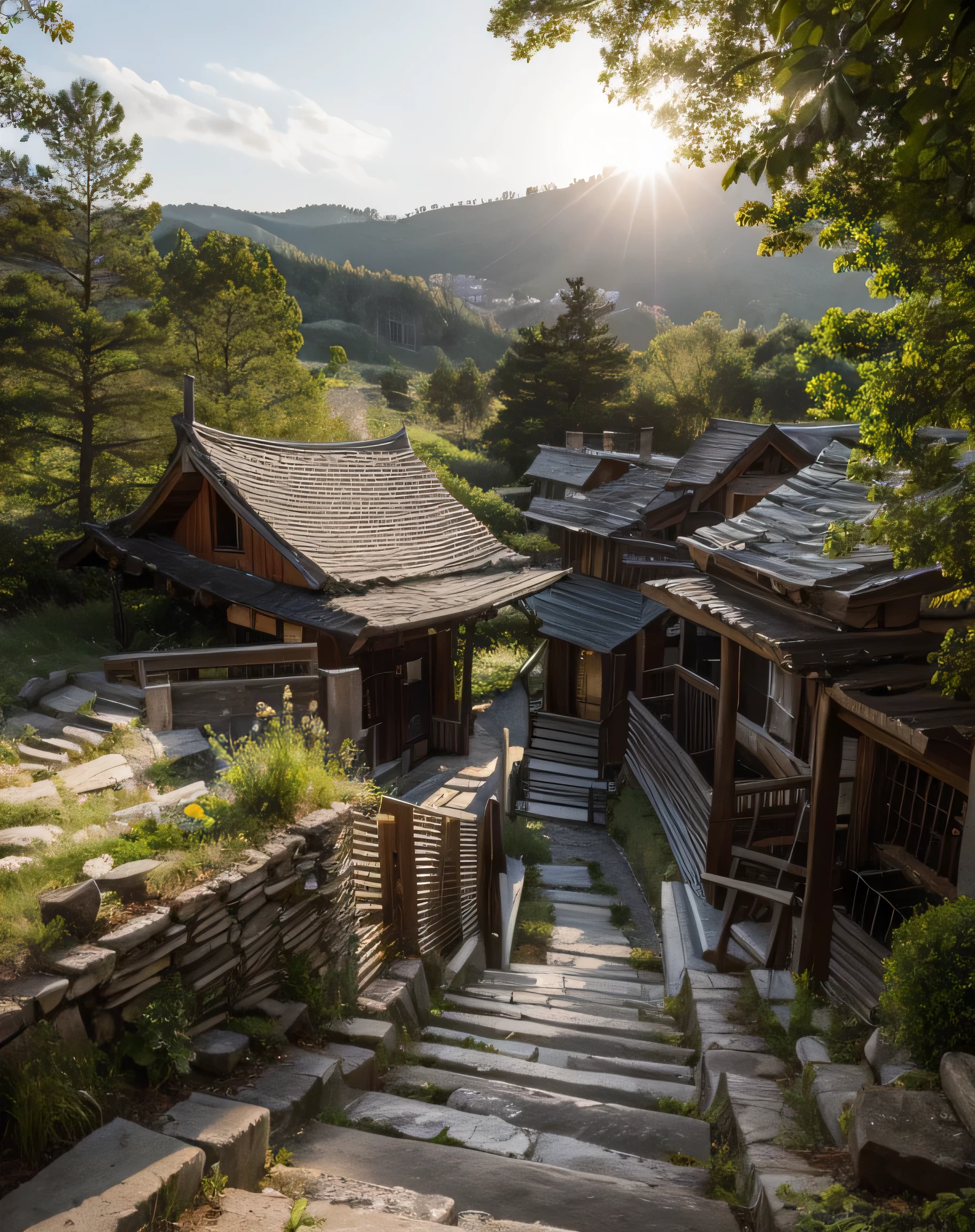 RAW photo, subject, 8k uhd, dslr, soft lighting, high quality, film grain, Fujifilm XT3, Realistic, Masterpiece, tree, road, stone, daylight, clear sky, Forest in the distance, riverbank, nature stone stair, downhill, ( Forest in the distance ), old house, moss, hill