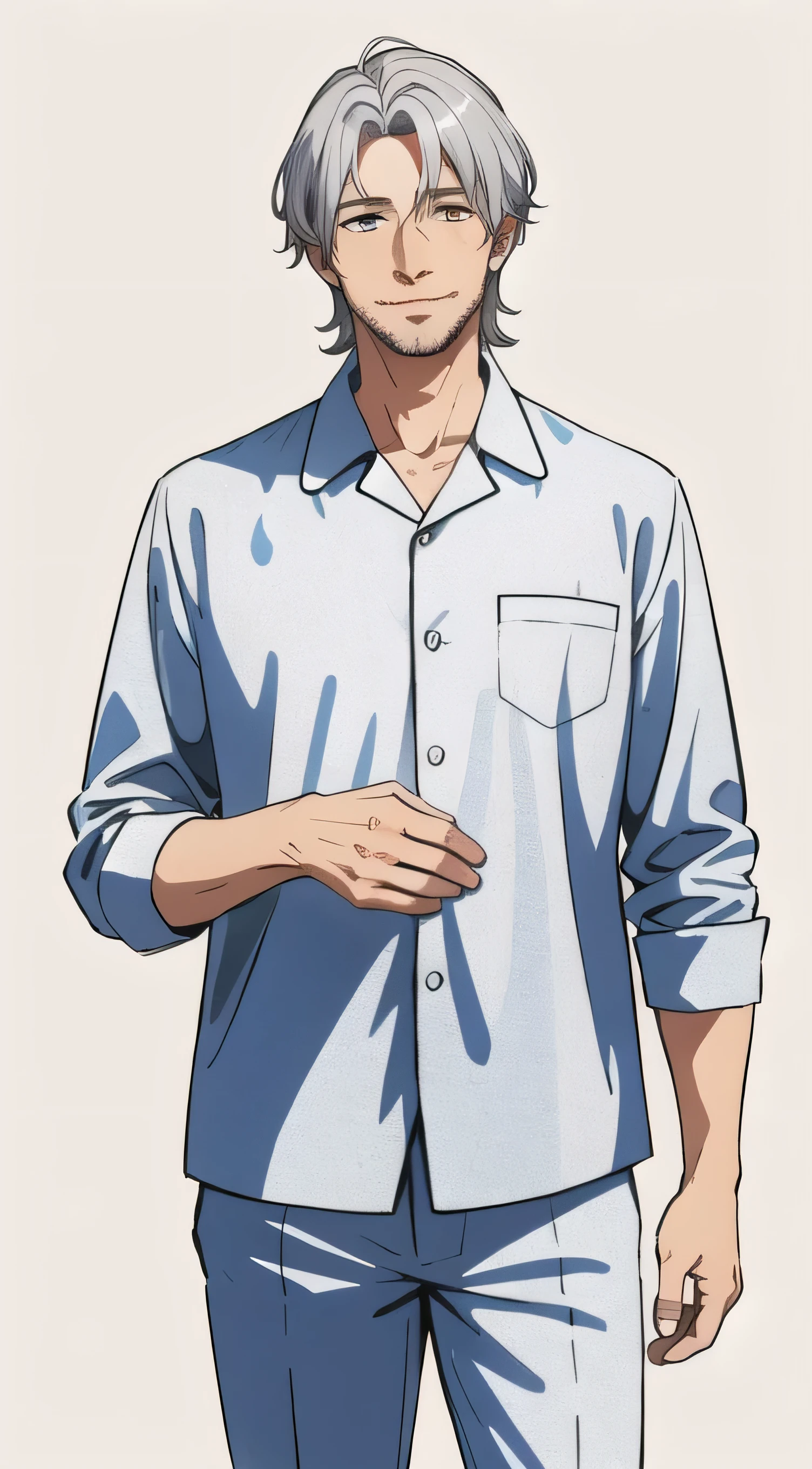 (highest quality, masterpiece), Standing picture,1 male, 40 years old, wonderful, a handsome guy, gentle smile, silver hair, pajamas,