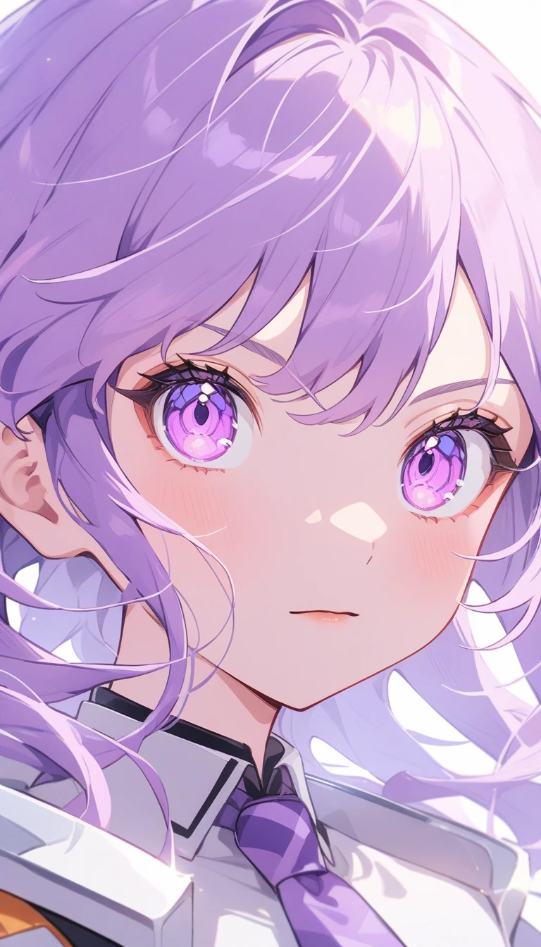 (highest quality、masterpiece、High resolution、detailed)、(Shining eyes、detailed美しい顔)､4K、, BREAK,Close-up of a person with purple hair and a purple tie, stylized anime, anime moe art style, Katana Zero video game character, future anime girl, portrait anime space cadet girl, zodiac girl portrait knight, Close up of young anime girl, anime stylized, With shining purple eyes, anime style, Anime-style、dynamic angle, BREAK,