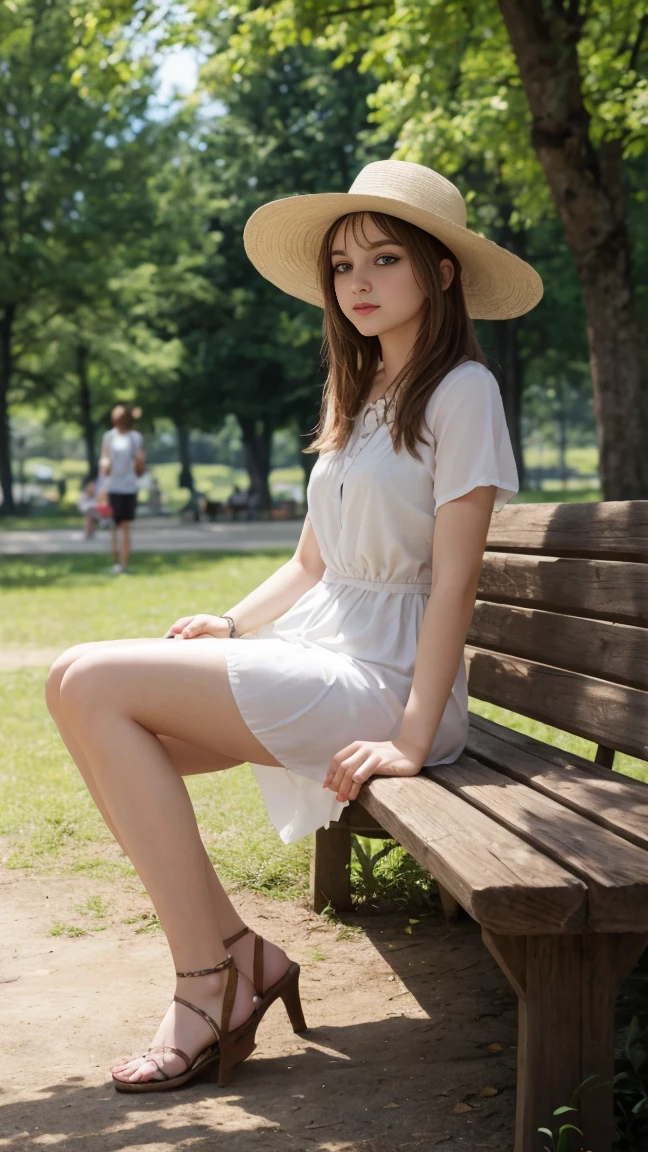 Draw a Ukrainian woman relaxing in the park。She has great style、I'm wearing light clothing。