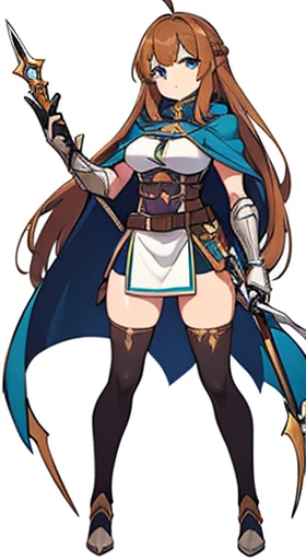 (((Best Quality))) , ((full body)), female, reference sheet, solo, (white background), holding staff or sword, gauntlets, thigh high, loin cloth only, cloak, belt, long hair,  blue, orange, green, violet, brown, white,