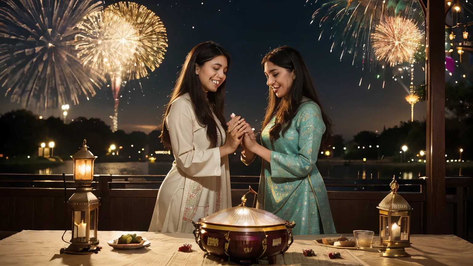 (best quality,4k,8k,highres,masterpiece:1.2),ultra-detailed,(realistic,photorealistic,photo-realistic:1.37),Eid Mubarak 2024,Celebrating Eid,Muslim New year,mosque at sunset,radiant sky,joyful crowd,decorative lanterns,beautiful traditional attire,elaborate henna designs,happy children,delicately patterned carpets,exquisite calligraphy,bursts of colorful fireworks,eid sweets and desserts,gorgeous floral arrangements,palatial architecture,halal feast,peaceful ambiance,blissful expressions,spiritual reflections,sacred prayers,celebratory atmosphere,serene crescent moon,rhythmic drums and music,harmonious chants,unity in diversity,eid blessings,divine illumination,heartfelt embraces,shared love and happiness,exhilarating energy,dancing and singing,magical moments of togetherness,enchanting celebration,indescribable beauty,cherished memories,meaningful traditions,uplifting spirit,overflowing gratitude,profound sense of community,bountiful blessings,upheld values and principles,cultural richness