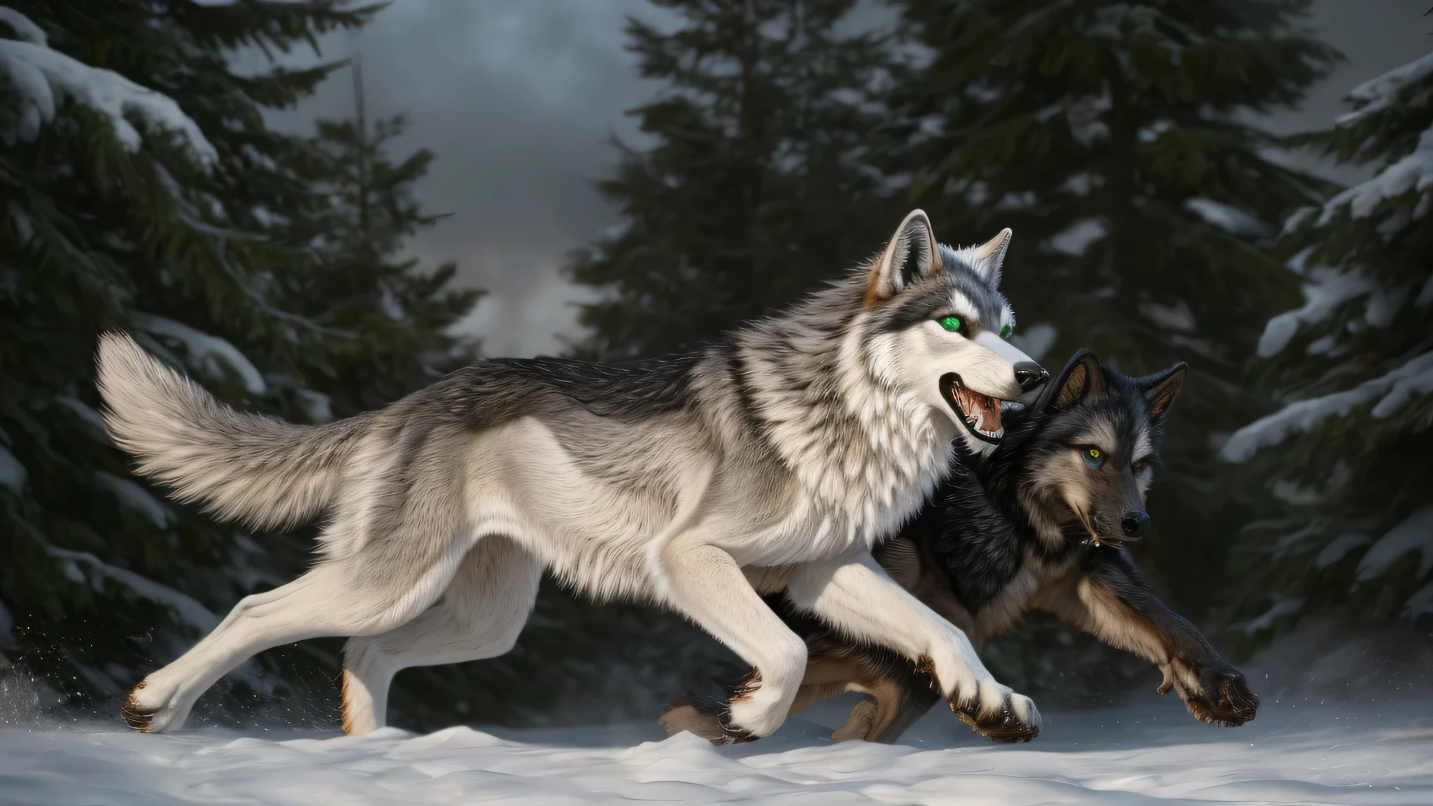 A wolf with green eyes running close-up, dark gray wolf，Dark hair，dark gray wolf，Wolf running wildly，running wolf，Green eyes，Fenrir, cold wolf, wolf in hell,  dark grey wolf o'donnell, Realistic scene，realistic light，