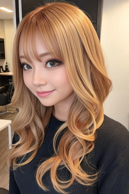 Amber orange hair,BREAK,Highlighted hair,false eyelash,japanese girl,smile,wavy hair,Ombre hair