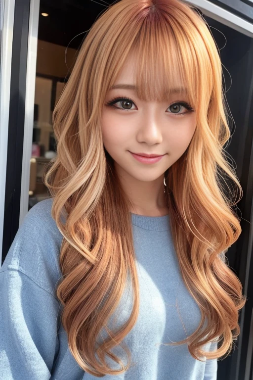 Amber orange hair,BREAK,Highlighted hair,false eyelash,japanese girl,smile,wavy hair,Ombre hair