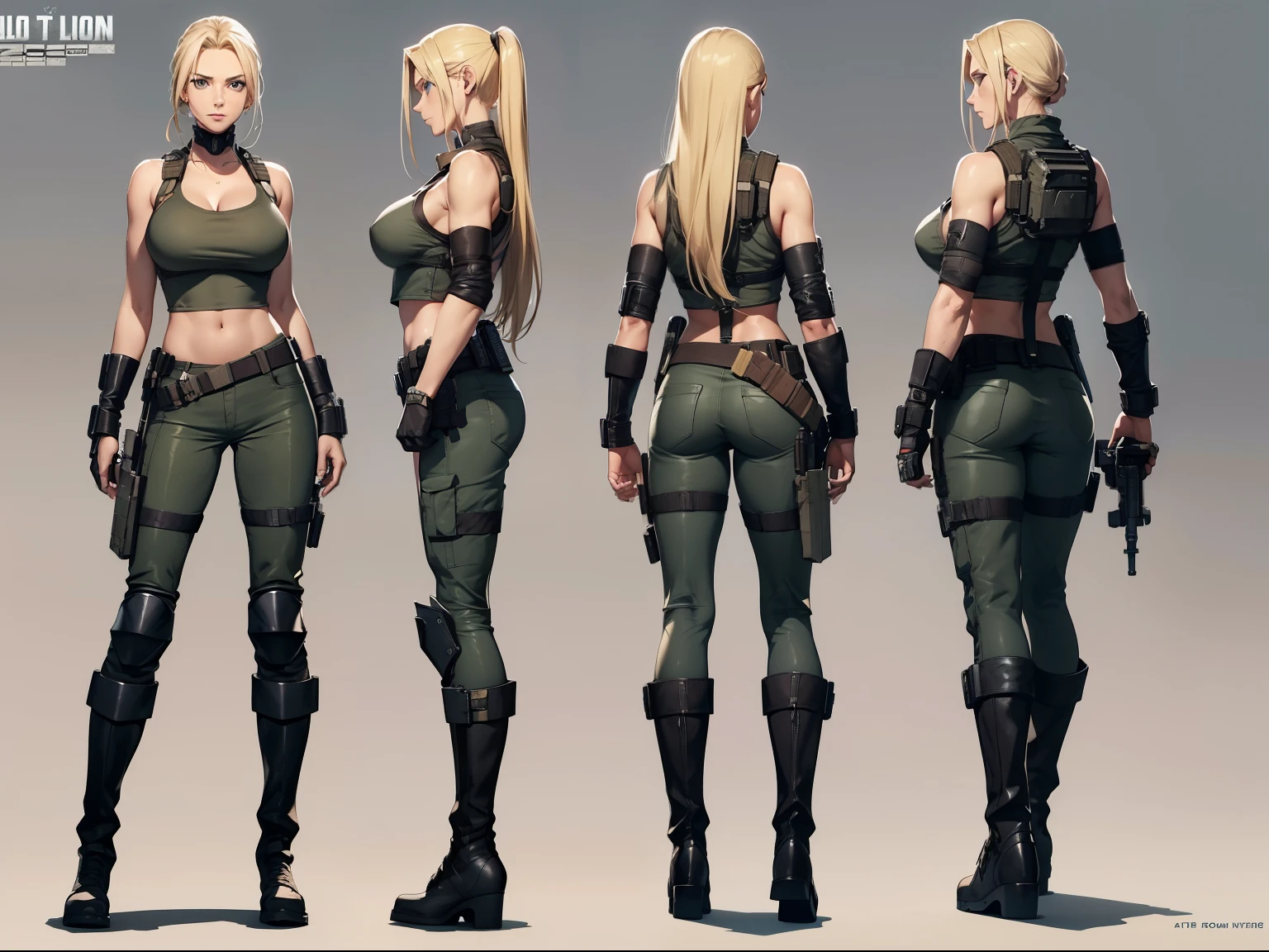 A woman, 20 years old, long blonde hair, tall boots, tank top, cleavage, military pants, tech equipment, Jill valentine, futuristic, metal gear, solid snake, wastelander, mad max, elbow pad, knee pad, dog tag, various angles, (front, back, side), character sheet, model sheet, reference sheet.