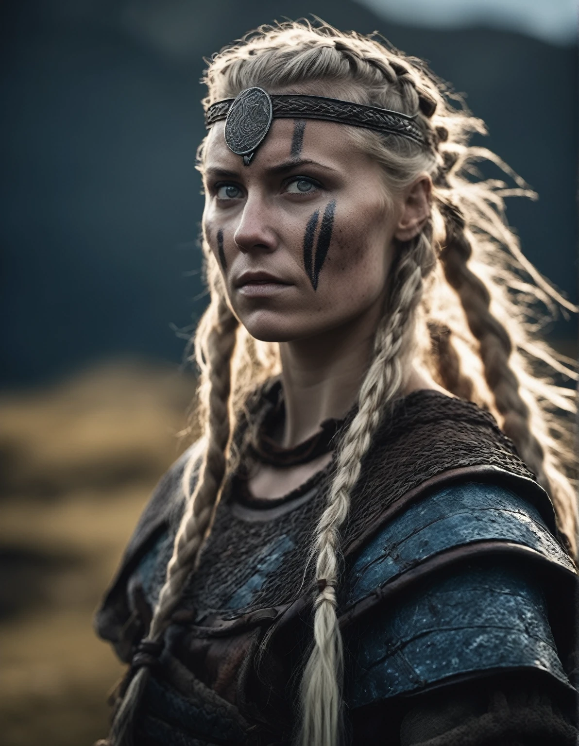 cinematic photo Close-up of (((ohwx woman))) (viking woman), scandinavian, 35 years old, chubby,natural body, "Ingrid Mueller" (light blonde hair braids)(medieval viking clothing) in Hellblade: Senua's Sacrifice, emerging from black mud, long hair with dreads, war blue paint, paint fading, angry expression, dirty face, finely detailed eyes, moody, viking clothes, epic scene, epic composition, Photography, Cinematic Lighting, Volumetric Lighting, ethereal light, intricate details, extremely detailed volumetric rays . 35mm photograph, film, bokeh, professional, 4k, highly detailed