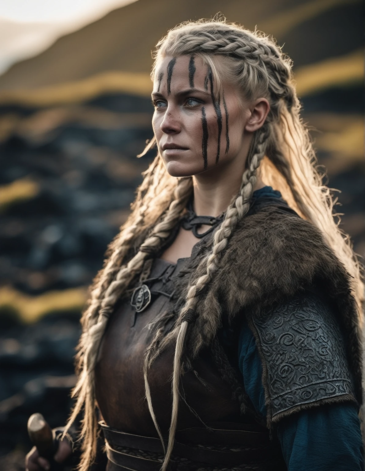 cinematic photo Close-up of  (((ohwx woman))) (viking woman), scandinavian, 35 years old, chubby,natural body, "Ingrid Mueller" (light blonde hair braids)(medieval viking clothing) in Hellblade: Senua's Sacrifice, emerging from black mud, long hair with dreads, war blue paint, paint fading, angry expression, dirty face, finely detailed eyes, moody, viking clothes, epic scene, epic composition, Photography, Cinematic Lighting, Volumetric Lighting, ethereal light, intricate details, extremely detailed volumetric rays  . 35mm photograph, film, bokeh, professional, 4k, highly detailed