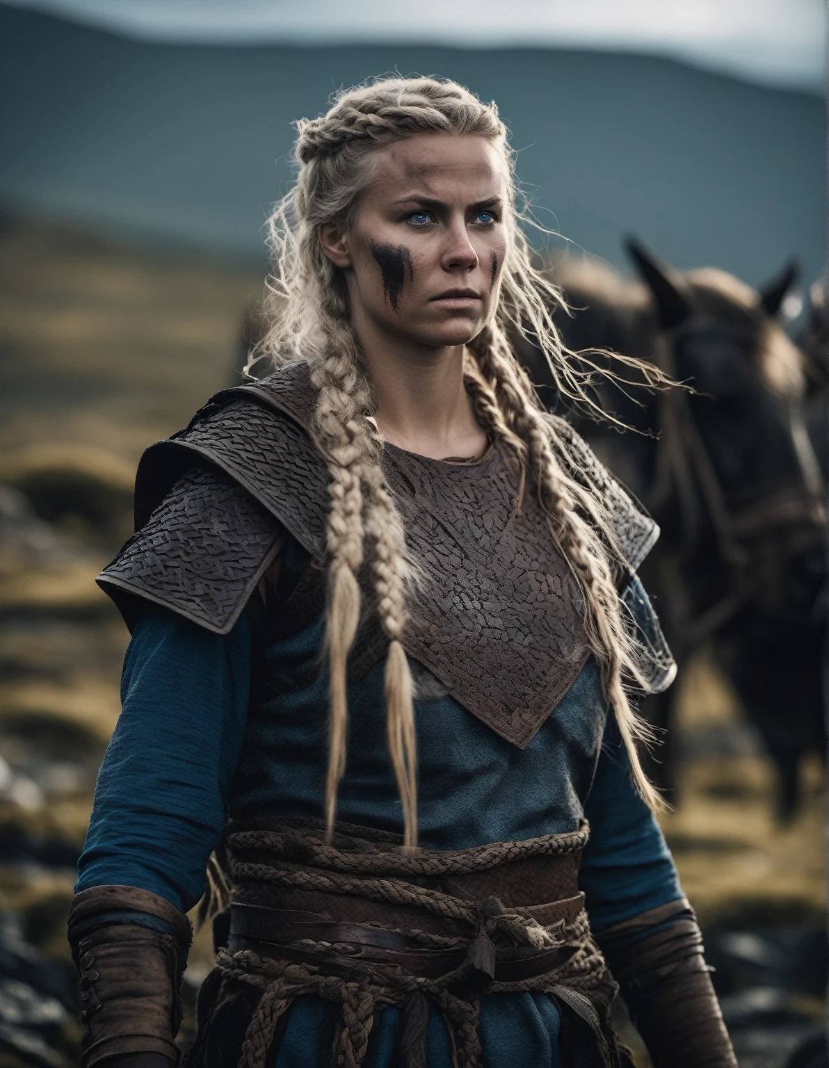 cinematic photo Close-up of (((ohwx woman))) (viking woman), scandinavian, 35 years old, chubby,natural body, "Ingrid Mueller" (light blonde hair braids)(medieval viking clothing) in Hellblade: Senua's Sacrifice, emerging from black mud, long hair with dreads, war blue paint, paint fading, angry expression, dirty face, finely detailed eyes, moody, viking clothes, epic scene, epic composition, Photography, Cinematic Lighting, Volumetric Lighting, ethereal light, intricate details, extremely detailed volumetric rays . 35mm photograph, film, bokeh, professional, 4k, highly detailed