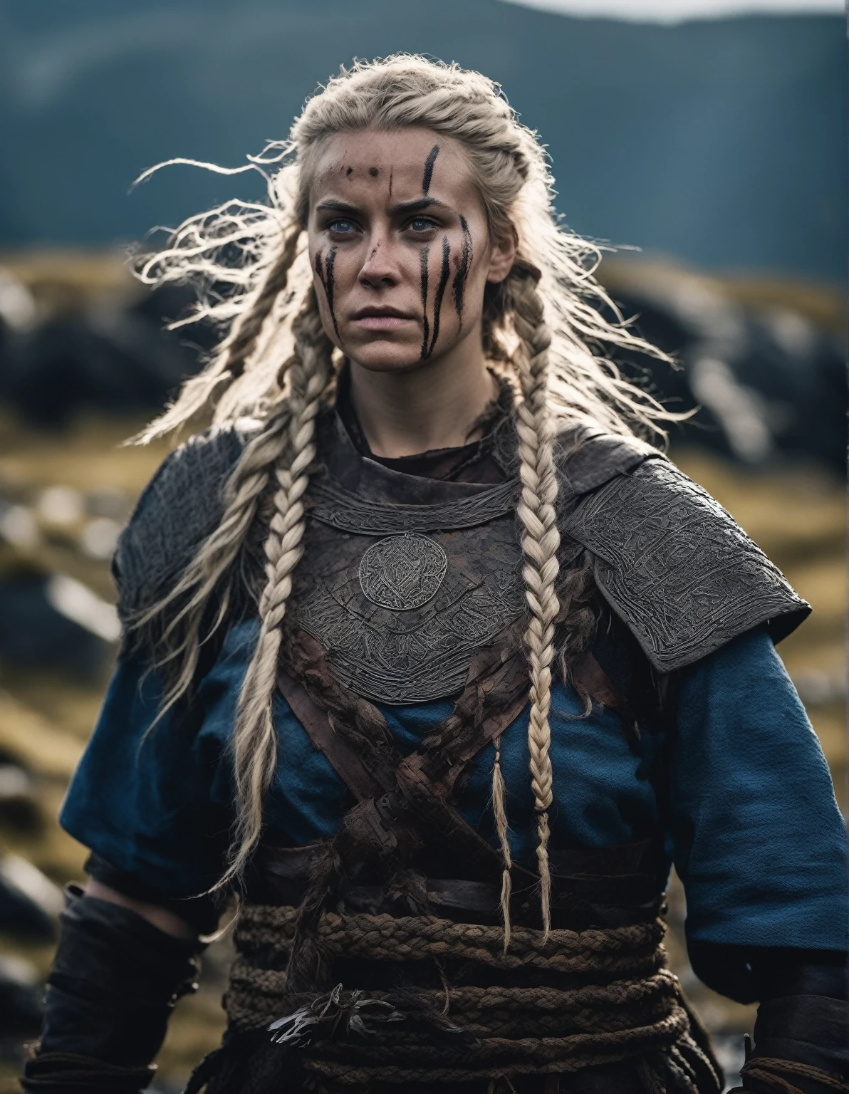 cinematic photo Close-up of (((ohwx woman))) (viking woman), scandinavian, 35 years old, chubby,natural body, "Ingrid Mueller" (light blonde hair braids)(medieval viking clothing) in Hellblade: Senua's Sacrifice, emerging from black mud, long hair with dreads, war blue paint, paint fading, angry expression, dirty face, finely detailed eyes, moody, viking clothes, epic scene, epic composition, Photography, Cinematic Lighting, Volumetric Lighting, ethereal light, intricate details, extremely detailed volumetric rays . 35mm photograph, film, bokeh, professional, 4k, highly detailed