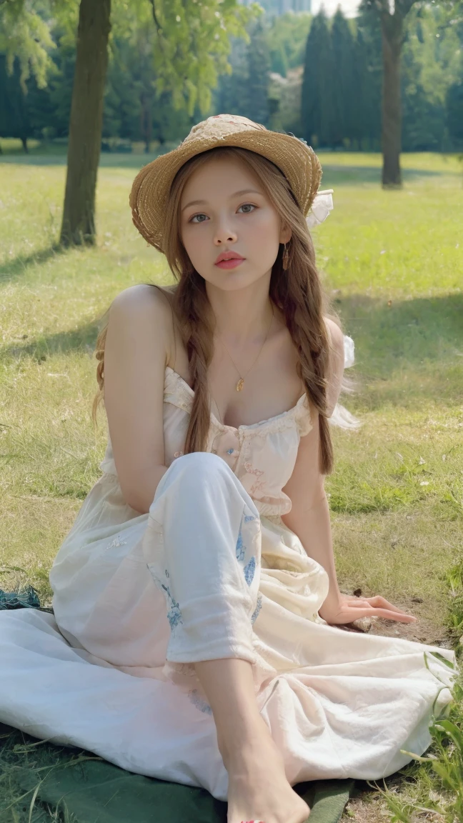 Draw a Ukrainian woman relaxing in the park。She has great style、I'm wearing light clothing。