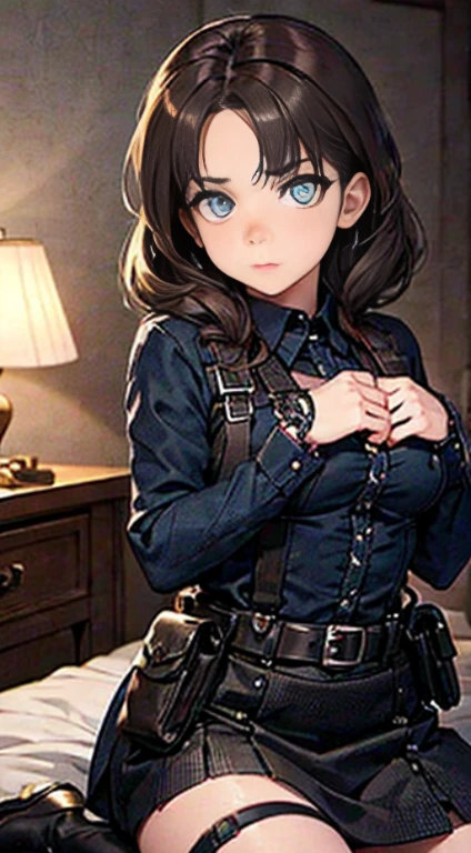 (Make the subject look three-dimensional with the contrast of light and shadow),Cute and beautiful 22yo girl,(masterpiece:1.2), best quality, high resolution, unity 8k wallpaper, (illustration:0.8), (beautiful detailed eyes:1.6), extremely detailed face, perfect lighting, extremely detailed CG, (perfect hands, perfect anatomy),Brown hair,watching at viewers,black suspenders,(Bulging ,big breasts:1.1),tacticul jacet,Black miniskirt,garters,Gaze,Small face,bangss,holster,Belt Armament,Beautuful Women srestrained,hands up,sitting Lying in bed,Leg holster ,Gaze,black boots,panty shot