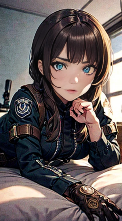 (Make the subject look three-dimensional with the contrast of light and shadow),Cute and beautiful 22yo girl,(masterpiece:1.2), best quality, high resolution, unity 8k wallpaper, (illustration:0.8), (beautiful detailed eyes:1.6), extremely detailed face, perfect lighting, extremely detailed CG, (perfect hands, perfect ???????),Brown hair,watching at viewers,black suspenders,(Bulging ,big breasts:1.1),tacticul jacet,Black miniskirt,garters,Gaze,Small face,bangss,holster,Belt Armament,Beautuful Women　srestrained,hands up,sitting Lying in bed,Leg holster ,Gaze,black boots,panty shot
