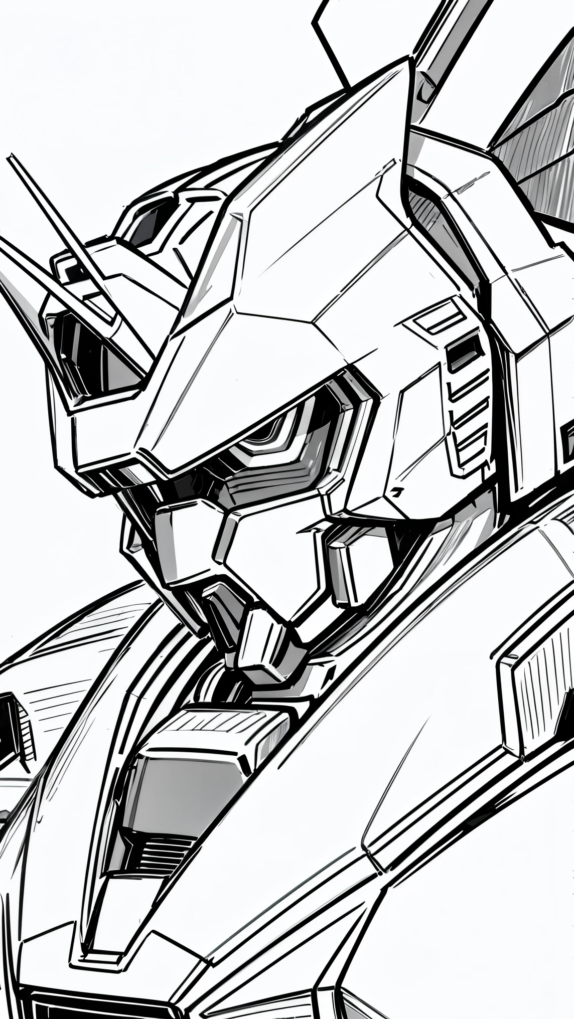 masterpiece, superlative, gundam mech, close-up bust, line drawing background, white background, monochrome, line drawing, ((sketch))