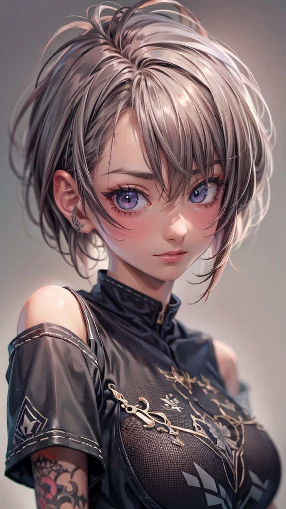 (Highly detailed CG unit 8k wallpaper, masterpiece, High resolution, highest quality, natural skin texture), (20 year old woman, Asymmetrical punk short hair), anime style, high contrast, hyper realistic, digital painting, concept art,
