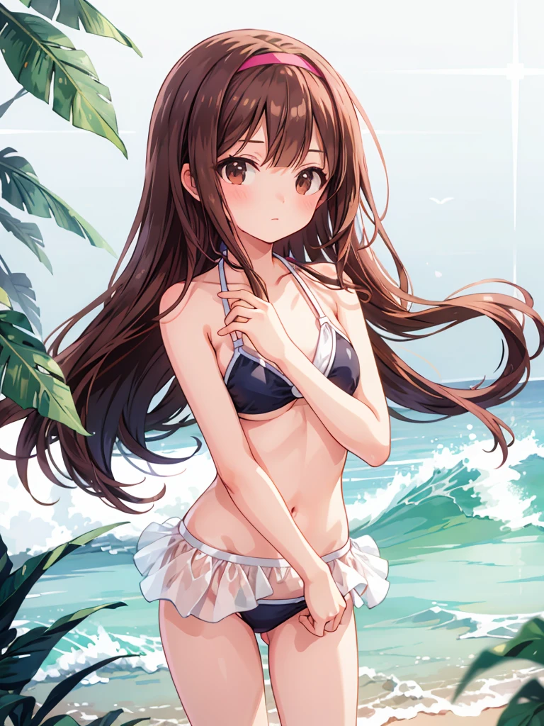 masterpiece, beautiful illustrations, highest quality, pretty girl, 1girl, standing, pastel colour, (two-separated bikini), sexy bikini, reddish brown long hair, headband, bright lighting, looking at viewer, on the shore