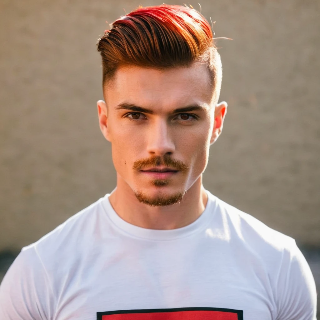 A T-shirt showing off his red, two-block haircut, handsome face with strong eyes, and slim, muscular body