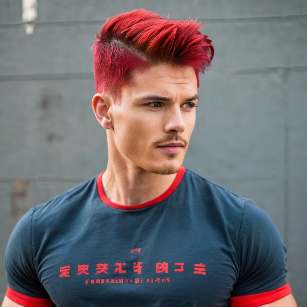 A T-shirt showing off his red, two-block haircut, handsome face with strong eyes, and slim, muscular body