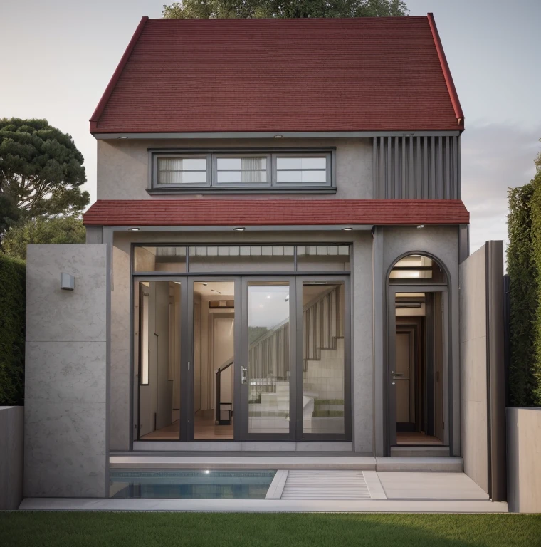 a rendering of a modern house and a garden, modern style, beautiful roof, red roof realistic, green grass ultra realistic, grass garden in the front yard, house gate decorated with natural stone, sofa, tv, windows have blind, doors have blind, plants on in front of house, at sunset ultra realistic, interior lights ultra realistic, exterior design, high quality rendering, subdivision, highly realistically detailed, award-winning render, complex and detailed