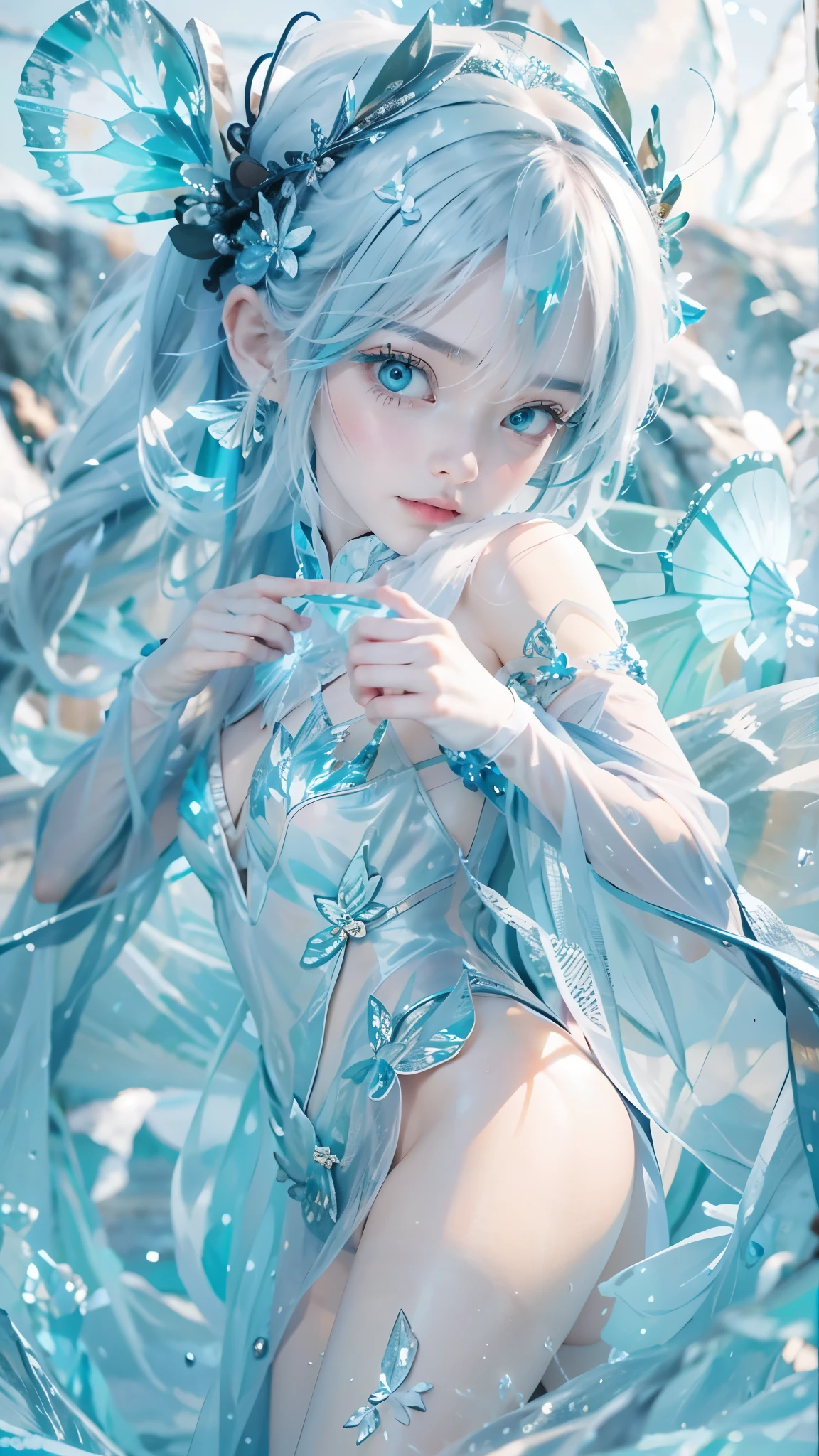Frost Goddess,Frozen fluid,Ice World,ice,1girl,Translucent clothing,air bubble,blue butterfly,blue eyes,blue nails,breasts,Positive, character on the right, upper body, above knee level,Dynamic pose,bubble,Blue butterfly wings,butterfly wings,crystal,dress,glowing butterfly,long hair,looking at viewer,medium breasts,parted lips,solo,water