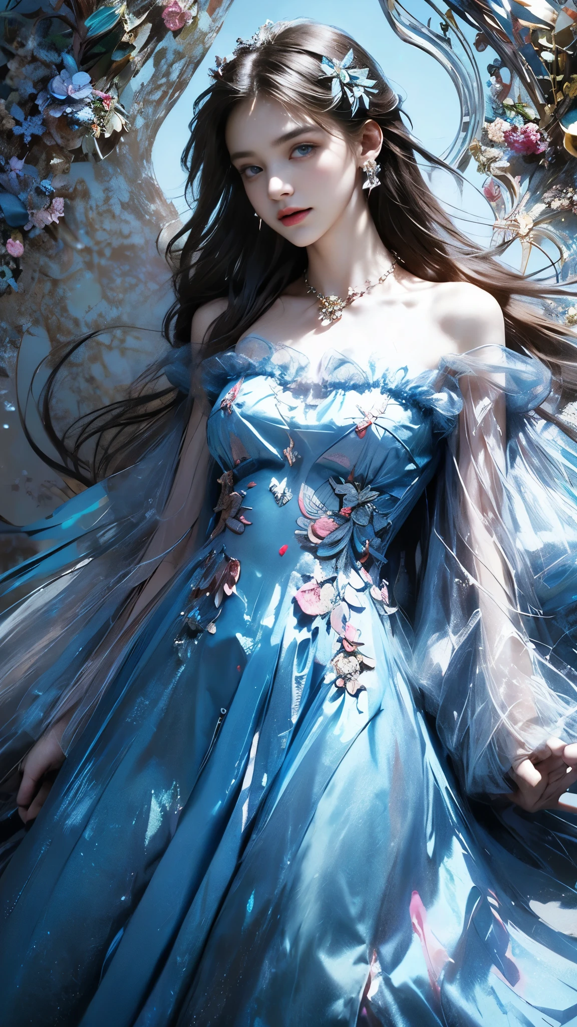 8K, ultra hd, masterpiece, 1 girl, (good face:1.4), detailed eyes, very long hair, impressive hairstyle, earings, necklace, small breasts, (blue dress:1.5), see-through, tulle dress, (block dress:1.5) Light-colored foundation brings out the transparency of the skin, (in the wonderland:1.5), mystery, diwali lights, glowing lights, very decoration, The moonlight falls like water, perfect body,