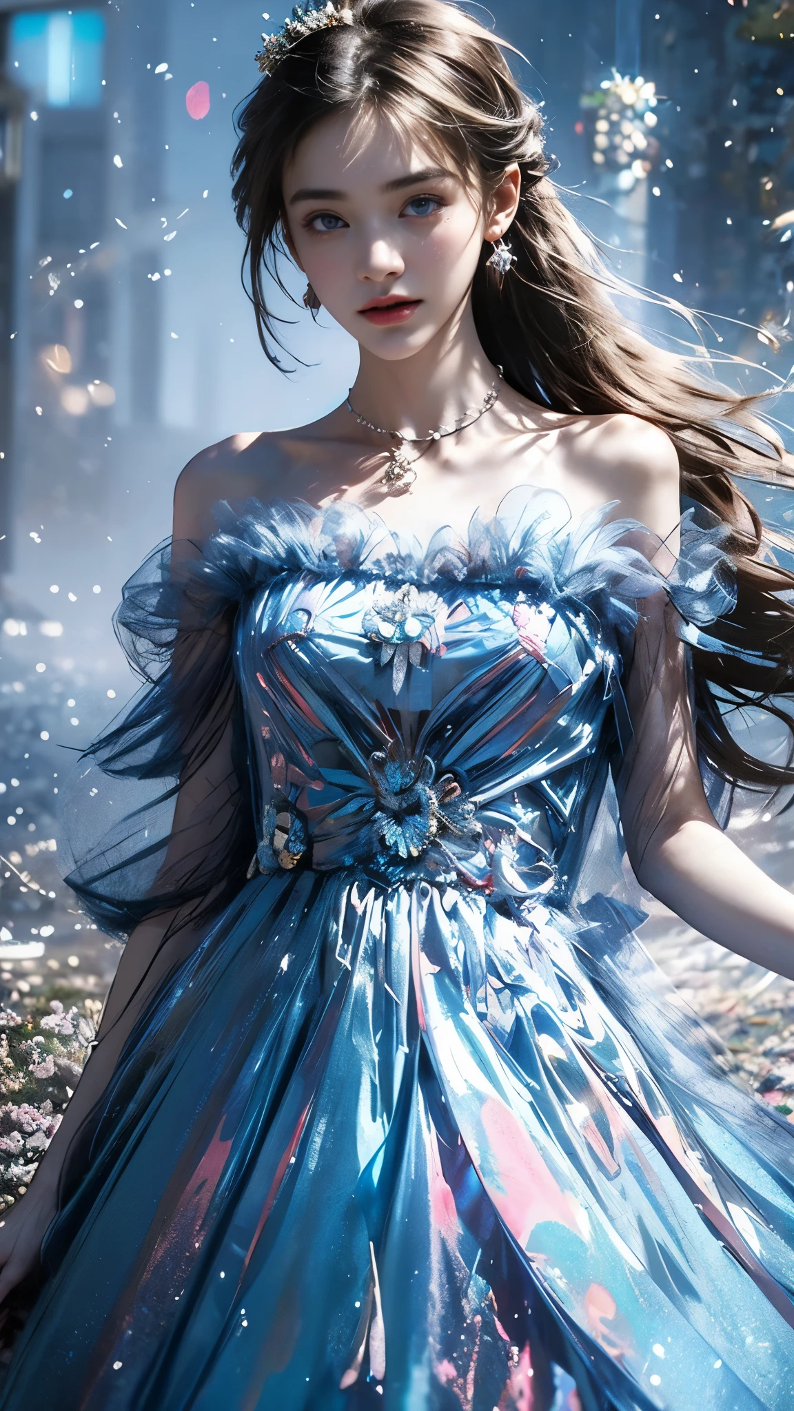 8K, ultra hd, masterpiece, 1 girl, (good face:1.4), detailed eyes, very long hair, impressive hairstyle, earings, necklace, small breasts, (blue dress:1.5), see-through, tulle dress, (block dress:1.5) Light-colored foundation brings out the transparency of the skin, (in the wonderland:1.5), mystery, diwali lights, glowing lights, very decoration, The moonlight falls like water, perfect body,