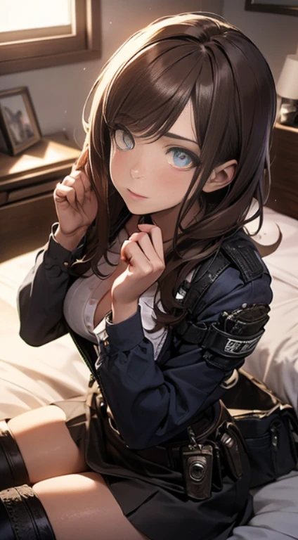 (Make the subject look three-dimensional with the contrast of light and shadow),Cute and beautiful 22yo girl,(masterpiece:1.2), best quality, high resolution, unity 8k wallpaper, (illustration:0.8), (beautiful detailed eyes:1.6), extremely detailed face, perfect lighting, extremely detailed CG, (perfect hands, perfect anatomy),Brown hair,watching at viewers,black suspenders,(Bulging ,big breasts:1.1),tacticul jacet,Black miniskirt,garters,Gaze,Small face,bangss,holster,Belt Armament,Beautuful Women srestrained,hands up,sitting Lying in bed,Leg holster ,Gaze,black boots,panty shot