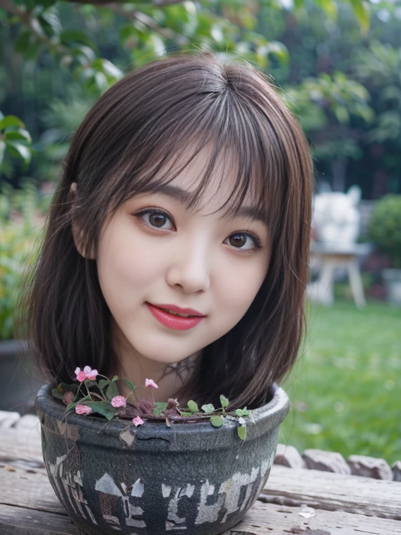  (best quality, masterpiece:1.2), (photo-realistic:1.4), ultra detailed, absurd-res, 8k, RAW photo, high resolution, ultra-high resolution, intricate, hyper-detailed, highly detailed, (highly detailed face), (highly detailed skin), (Japanese young adult woman's head in a pot:1.8), (pot on a table, in the garden, neck, neck up, face in front, front view, eye contact, looking at viewer:1.5), depth of field, ((smile)), (fine-textured skin:1.5), dark hair, outdoor, garden, daytime, sunny, cinematic lighting, soft lighting, 