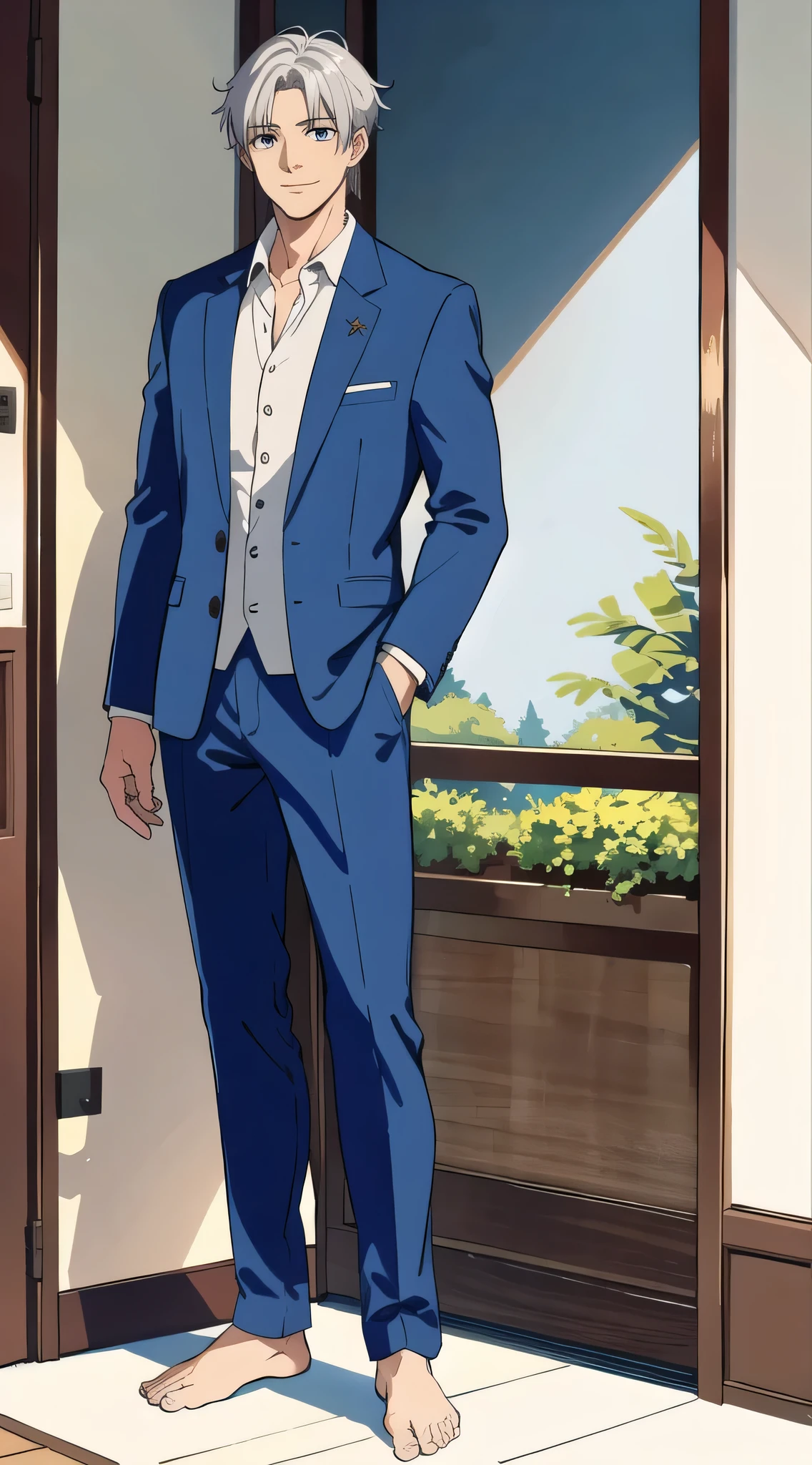 (highest quality, masterpiece，Standing picture), whole body, 1 male, 40 years old, wonderful, a handsome guy, gentle smile, silver hair, pajamas，