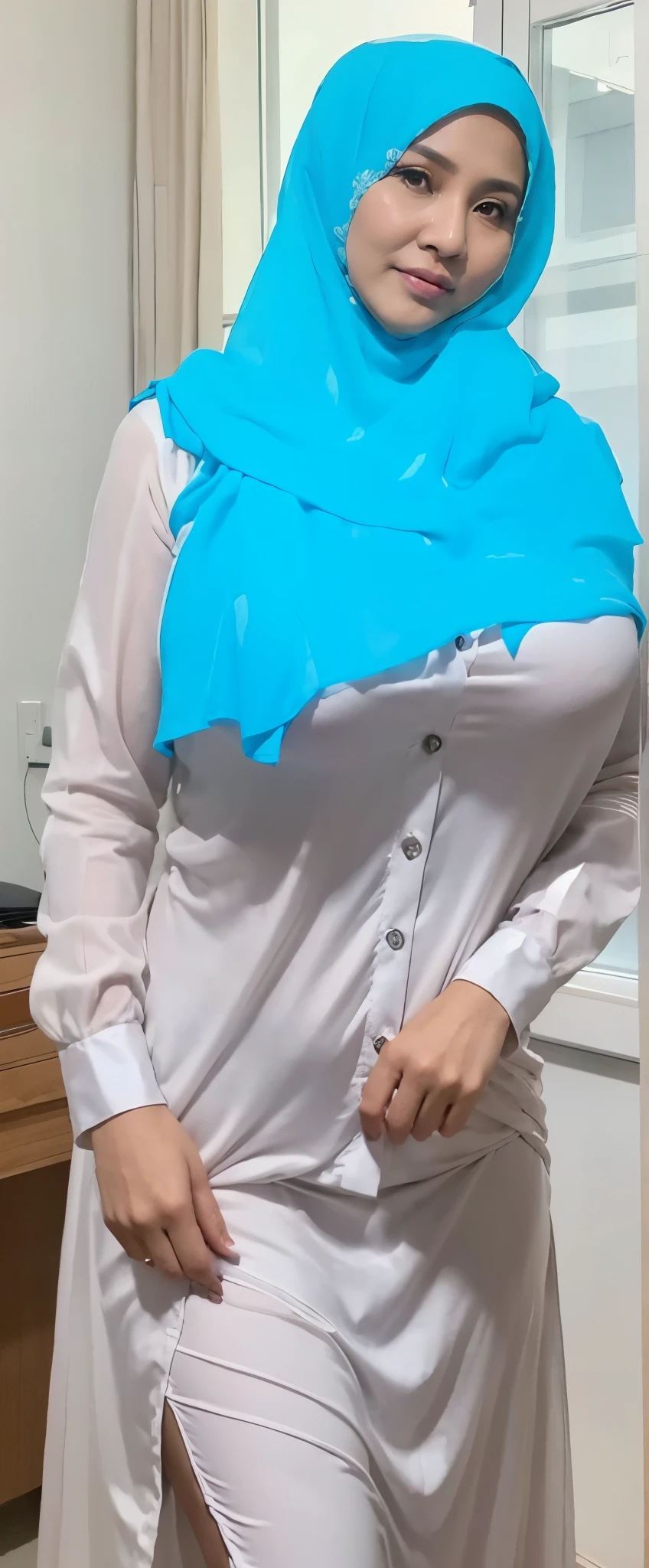 50 years Old, Hijab Indonesian mature woman, Big Tits : 66.9, Gamis, Breast out from her clothes : 1.9, at doctor office, Dark light, at Nighttime