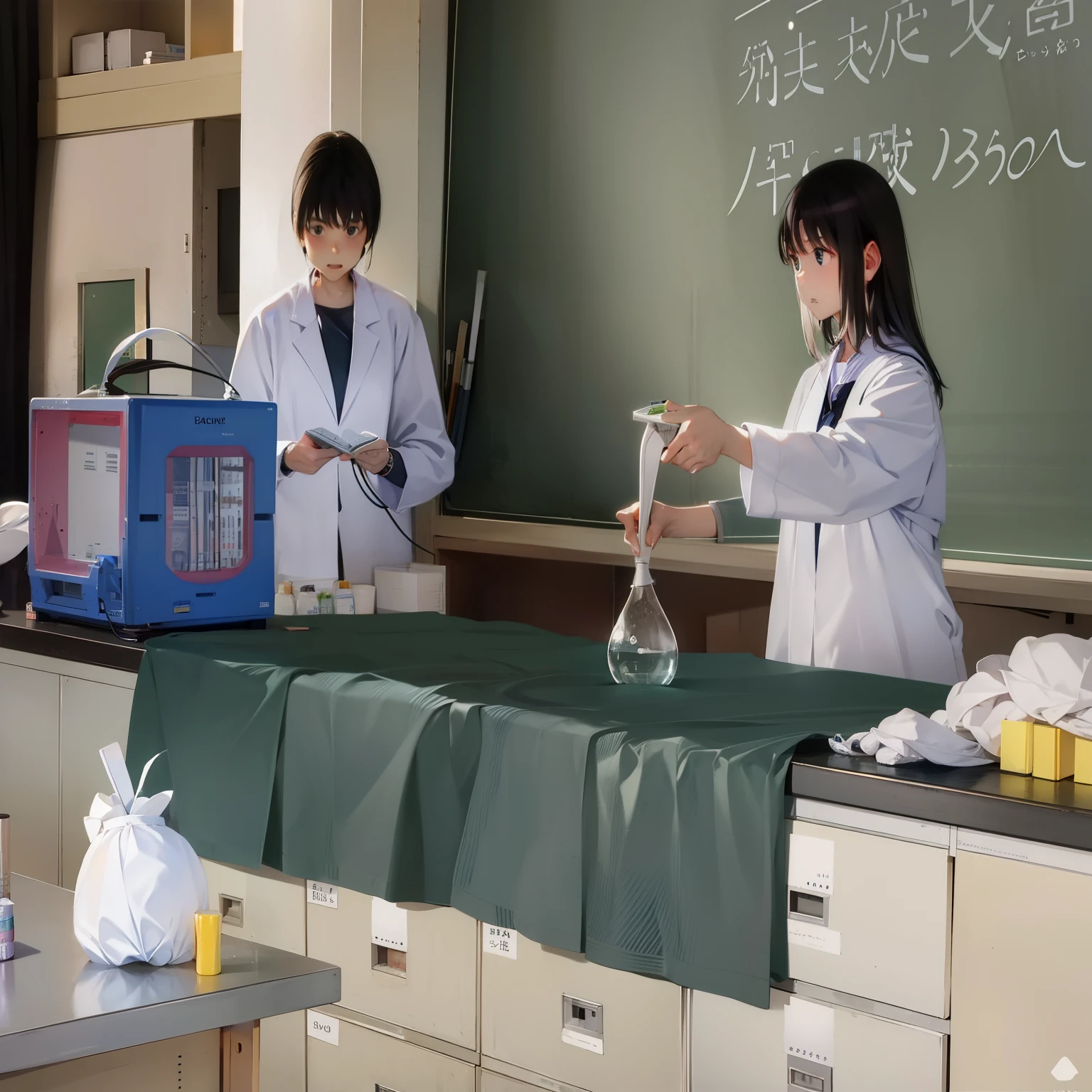Two high school students wearing white lab coats are standing in front of a blackboard at a high school, 理科experiment室のシーン, wearing a white coat, in the lab, experiment in laboratory, experimenting in her science lab, working in her science lab, scientist, 未来的な化学experiment室, wearing a white coat and blouse, in the laboratory, experiment, 不思議なexperiment室, humachine humanized experiment, laboratory background