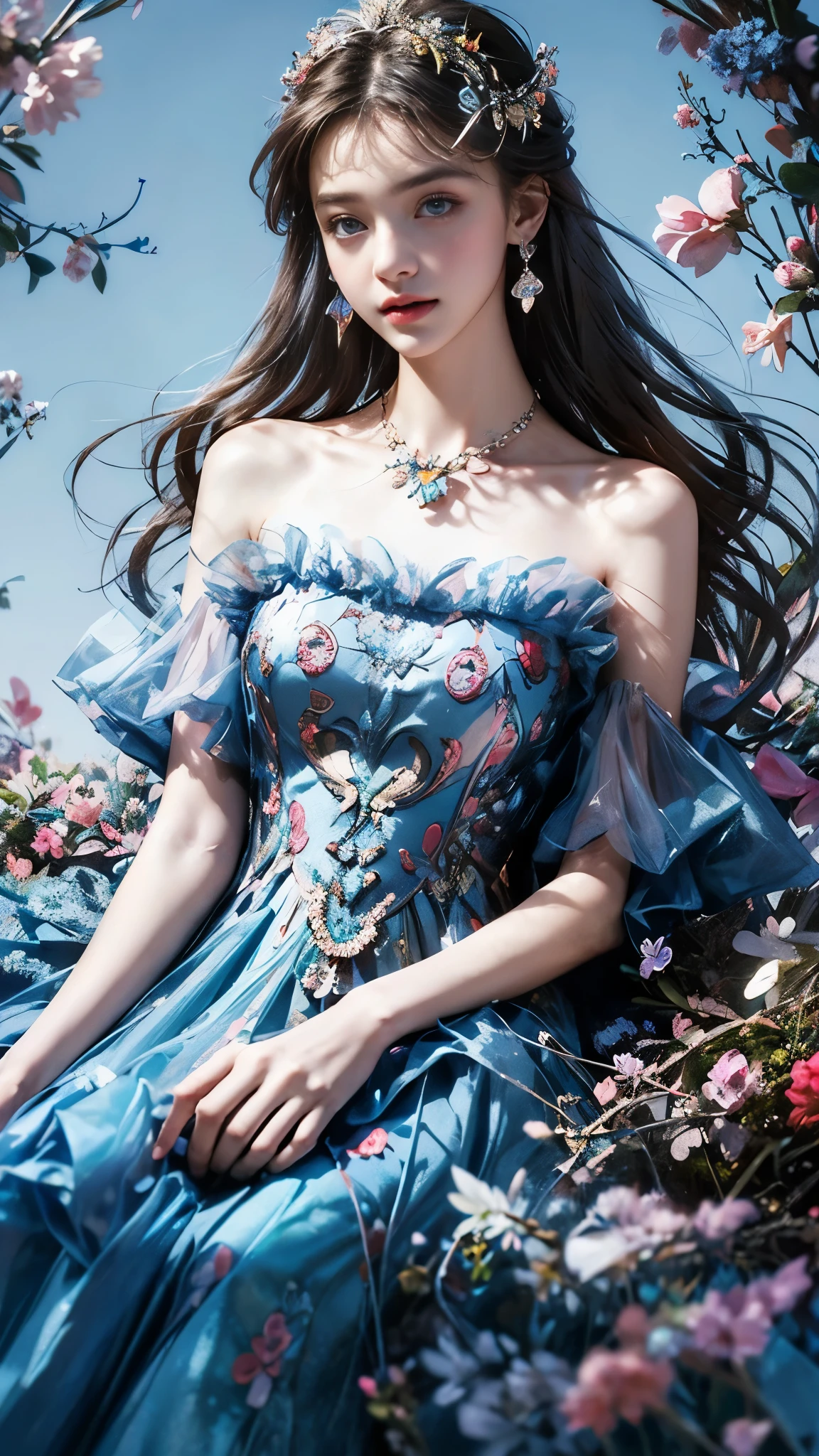 8K, ultra hd, masterpiece, 1 girl, (good face:1.4), detailed eyes, very long hair, impressive hairstyle, earings, necklace, small breasts, (blue dress:1.5), see-through, tulle dress, (decorated dress:1.5) Light-colored foundation brings out the transparency of the skin, (in the wonderland:1.5), mystery, diwali lights, glowing lights, very decoration, The moonlight falls like water, perfect body, sitting,