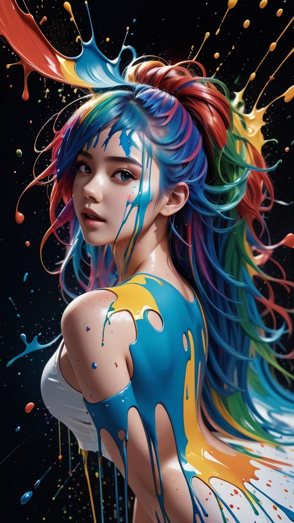1girl,(super cutenessFace),(liquid paint hair:1.1) ,thick flowing,(paint splatter:1.3),Liquid state,stunningly beautiful, masterpiece, detailed background,ultra high quality model, ethereal background,abstract beauty, explosive volumetric, oil painting,Sub-Surface Scatterring,8k,high resolution, dreamy,ray tracing,hdr,god rays,(angle below)