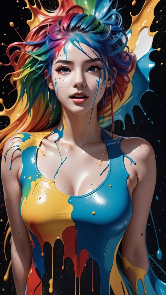 1girl,(super cutenessFace),(liquid paint hair:1.1) ,thick flowing,(paint splatter:1.3),Liquid state,stunningly beautiful, masterpiece, detailed background,ultra high quality model, ethereal background,abstract beauty, explosive volumetric, oil painting,Sub-Surface Scatterring,8k,high resolution, dreamy,ray tracing,hdr,god rays,(angle below)