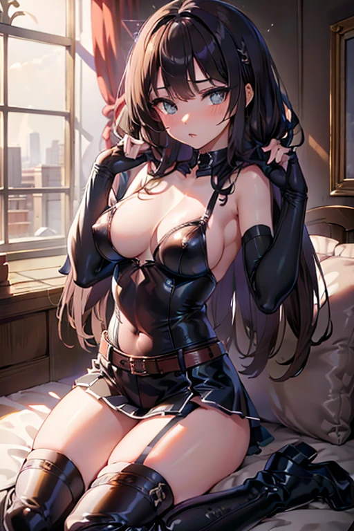 (Make the subject look three-dimensional with the contrast of light and shadow),Cute and beautiful 22yo girl,(masterpiece:1.2), best quality, high resolution, unity 8k wallpaper, (illustration:0.8), (beautiful detailed eyes:1.6), extremely detailed face, perfect lighting, extremely detailed CG, (perfect hands, perfect anatomy),Brown hair,watching at viewers,black suspenders,(Bulging ,big breasts:1.1),tacticul jacet,Black miniskirt,garters,Gaze,Small face,bangss,holster,Belt Armament,Beautuful Women srestrained,hands up,sitting Lying in bed,Leg holster ,Gaze,black boots,panty shot