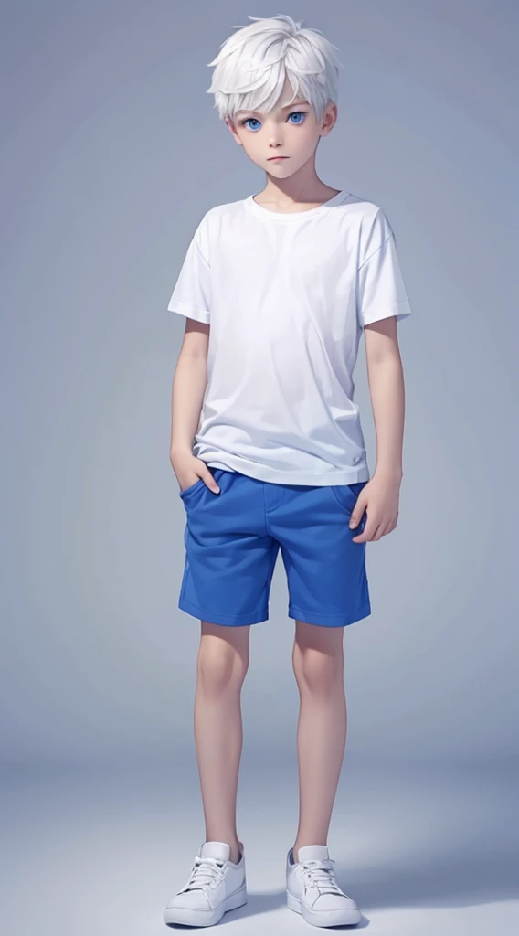FULL BODY PHTOREALISTIC  HANDSOME 8 years old JACK FROSt. Blue eyes. Wearing white t-shirts and short. Holding lollipop 