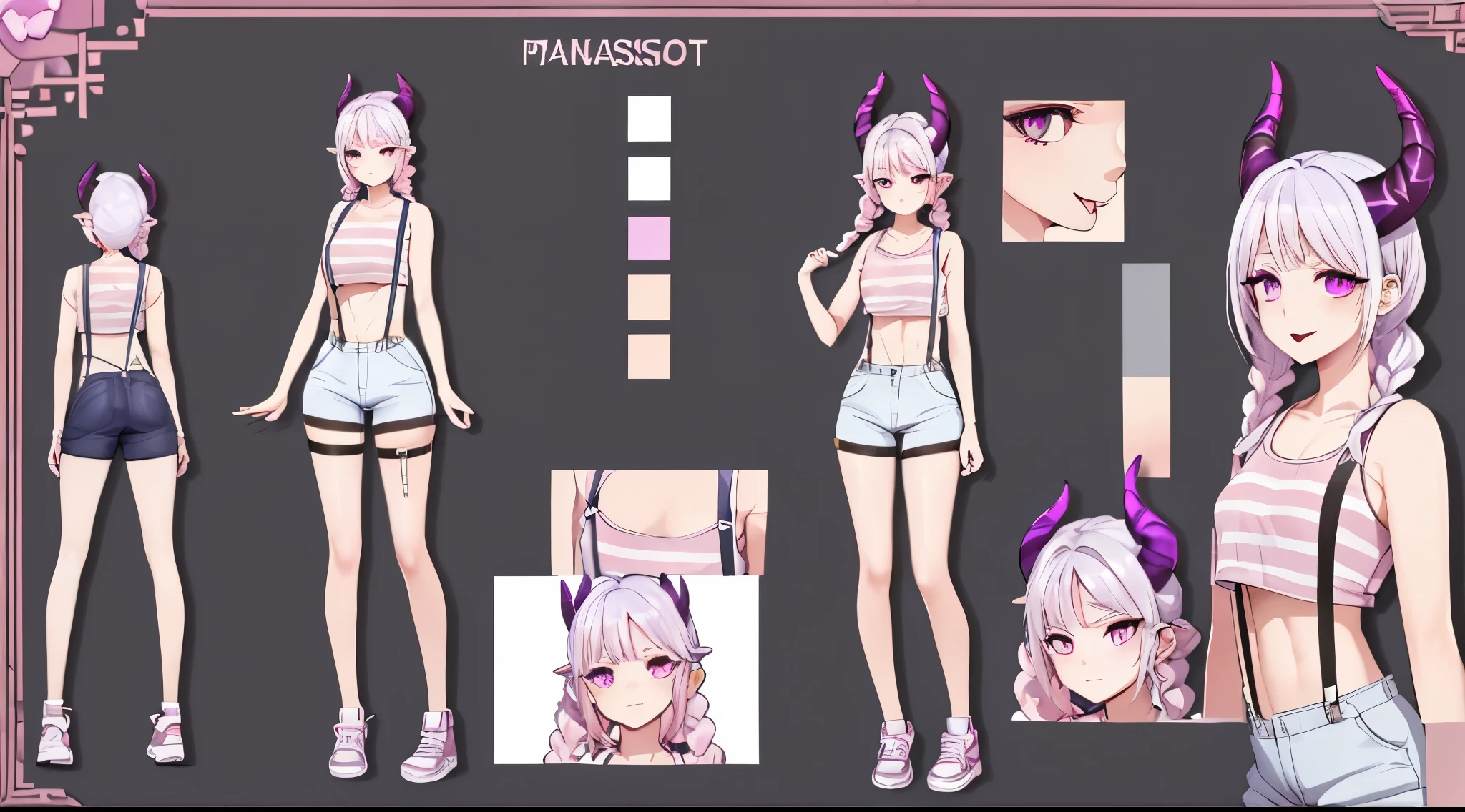 (Masterpiece, best quality), detailed, character sheet, many items (the same person, pink crop top, skinny shorts, lowered suspenders, different lenght striped long stockings, white sneakers, many parts), daemon, detailed beautiful purple eyes, detailed face, white hair and white skin, tongue, braided ponytail, demon horns, full of details.