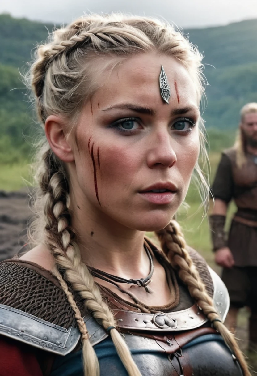 cinematic photo Close-up of (((ohwx woman))) (viking woman), scandinavian, 35 years old, chubby, natural body, "Ingrid Mueller" (light blonde hair braids)(medieval viking clothing) in Hellblade: Senua's Sacrifice, emerging from black mud, long hair with dreads, war blue paint, paint fading, angry expression, dirty face, finely detailed eyes, moody, viking clothes, epic scene, epic composition, Photography, Volumetric Lighting, ethereal light, intricate details, extremely detailed volumetric rays . 35mm photograph, film, professional, highly detailed, Cinematic Lighting, bokeh, 4k