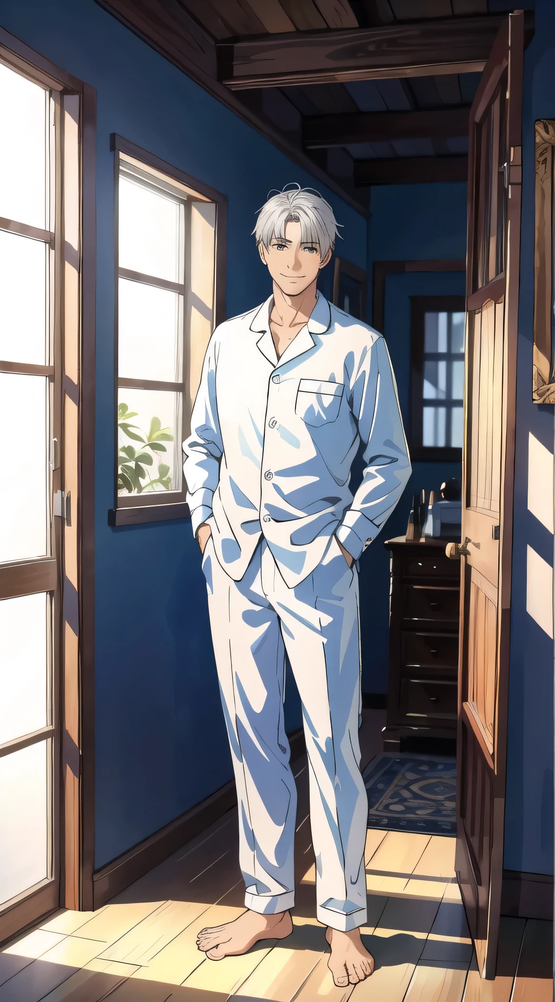 (highest quality, masterpiece，Standing picture), whole body, 1 male, 40 years old, wonderful, a handsome guy, gentle smile, silver hair, pajamas，