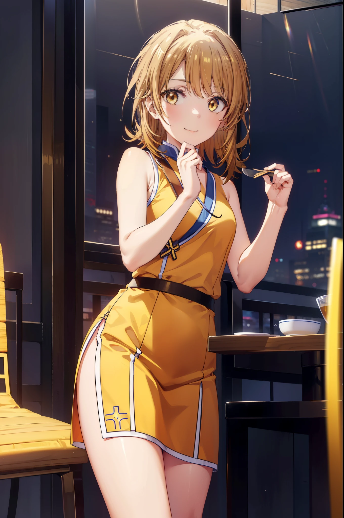 irohaisshiki, iroha isshiki, long hair,brown hair,, (brown eyes:1.5), happy smile, smile, open your mouth,skirt,yellow cheongsam clothes,Yellow long slit,stiletto heels,sitting cross-legged on a chair,whole bodyがイラストに入るように,
break indoors, Chinese Restaurant,
break looking at viewer,whole body,(cowboy shot:1.5),
break (masterpiece:1.2), highest quality, High resolution, unity 8k wallpaper, (shape:0.8), (fine and beautiful eyes:1.6), highly detailed face, perfect lighting, Very detailed CG, (perfect hands, perfect anatomy),