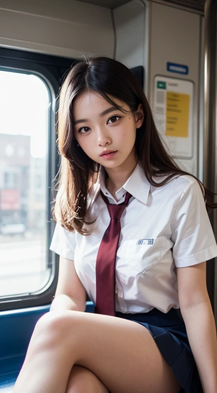 (table top, highest quality:1.2), 8K,  student, 85mm, official art, Raw photo, absurd, white dress shirt, cute face, close, Upper body, violaces, gardenia, beautiful girl, , (navy pleated skirt:1.1), Cinch West, thighs thighs thighs, short sleeve, on the train, sit on a bench seat, looking at the viewer, no makeup, (smile:0.4), film grain, chromatic aberration, sharp focus, face light, clear lighting, teen, detailed face, background bokeh, (dark red tie:1.1)