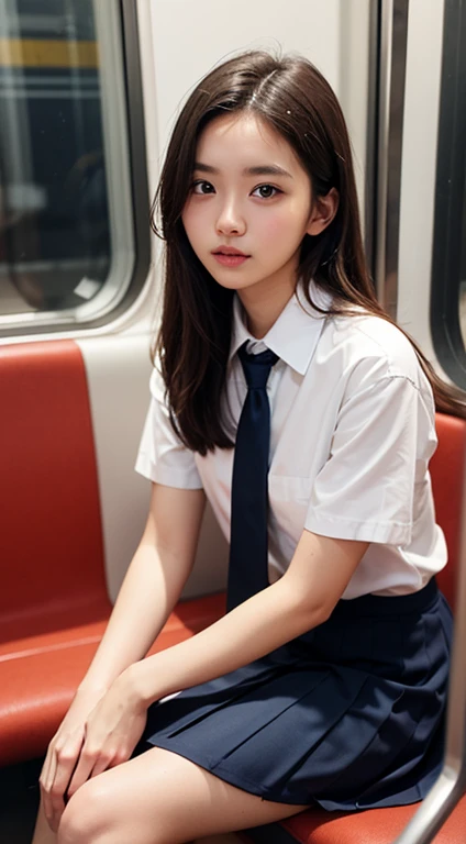(table top, highest quality:1.2), 8K, 15 year old student, 85mm, official art, Raw photo, absurd, white dress shirt, cute face, close, Upper body, violaces, gardenia, beautiful girl, , (navy pleated skirt:1.1), Cinch West, thighs thighs thighs, short sleeve, on the train, sit on a bench seat, looking at the viewer, no makeup, (smile:0.4), film grain, chromatic aberration, sharp focus, face light, clear lighting, teen, detailed face, background bokeh, (dark red tie:1.1)