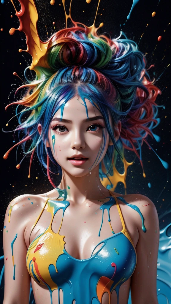 1girl,(super cutenessFace),(liquid paint hair:1.1) ,thick flowing,(paint splatter:1.3),Liquid state,stunningly beautiful, masterpiece, detailed background,ultra high quality model, ethereal background,abstract beauty, explosive volumetric, oil painting,Sub-Surface Scatterring,8k,high resolution, dreamy,ray tracing,hdr,god rays,(angle below)